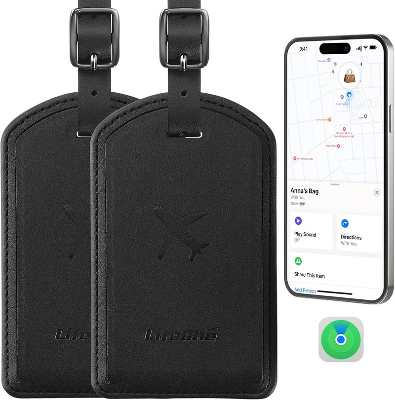 LifeChé Luggage Tags Built-in Anti-Loss Tracker, Luxury Leather Luggage Tags for Suitcase, Travel Bags, Backpacks, Travel Organizer for Lost Baggage Prevention (Black*2 Pack) - Image 1